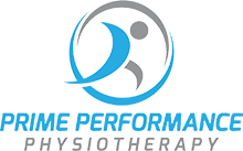 Prime Performance Physiotherapy logo with blue and grey abstract physiotherapy figure design.